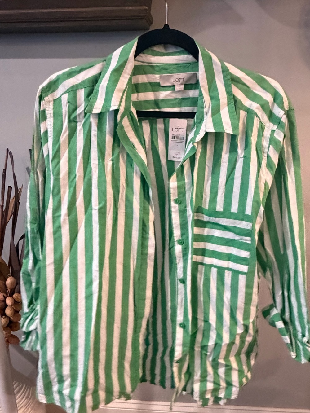 NWT ✨ LOFT Green and White Striped Shirt size large